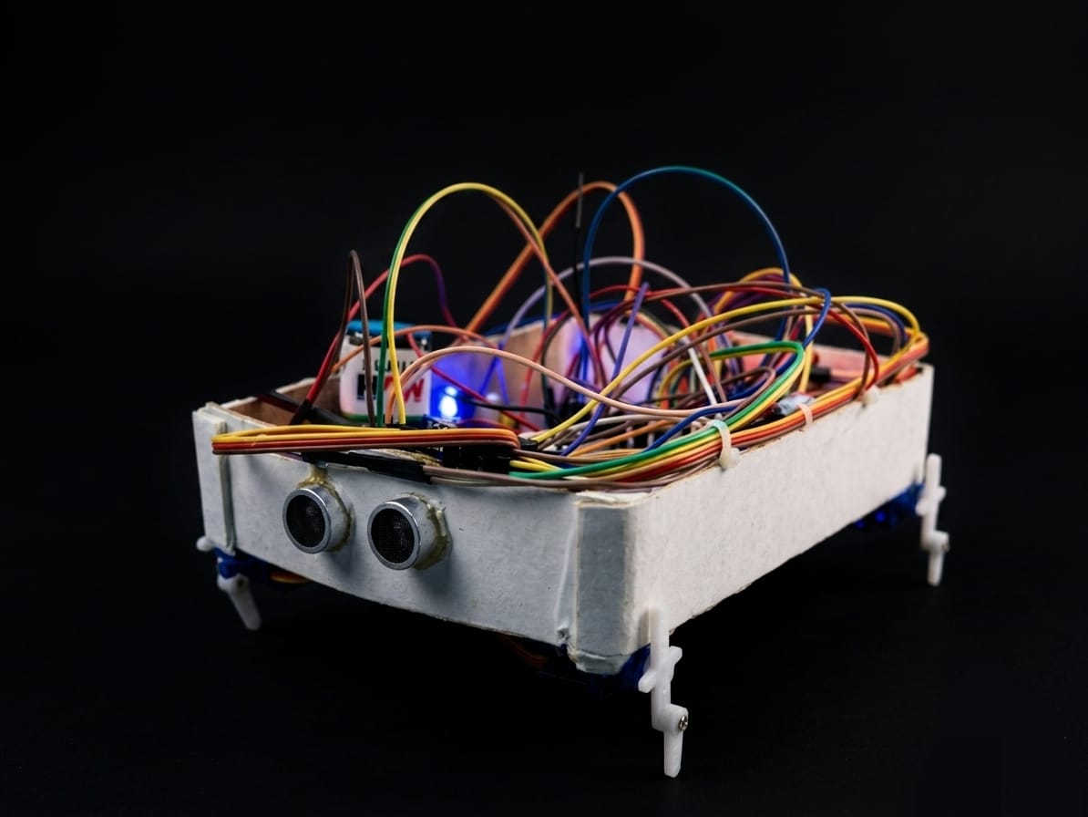 The SPIDER: THE AETHER prototype — a foam-board chassis with exposed wiring, twin ultrasonic sensors, and four servo-driven legs